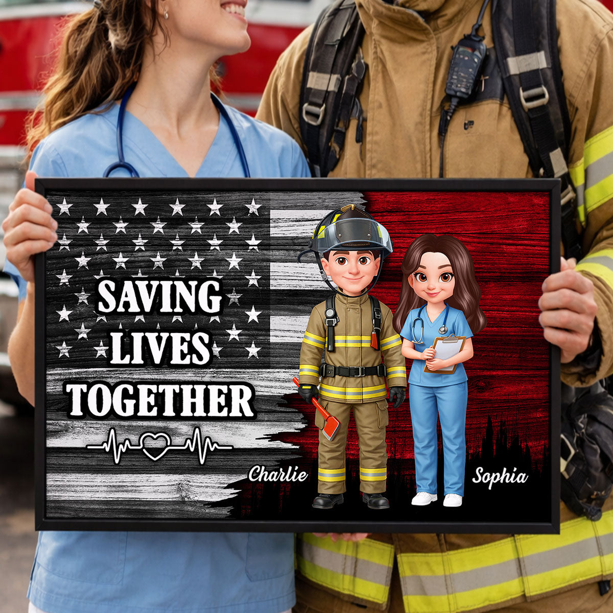 Custom Hero Couple Occupation Nation Flag - Personalized Poster - Heartfelt Gift for Him, for Her