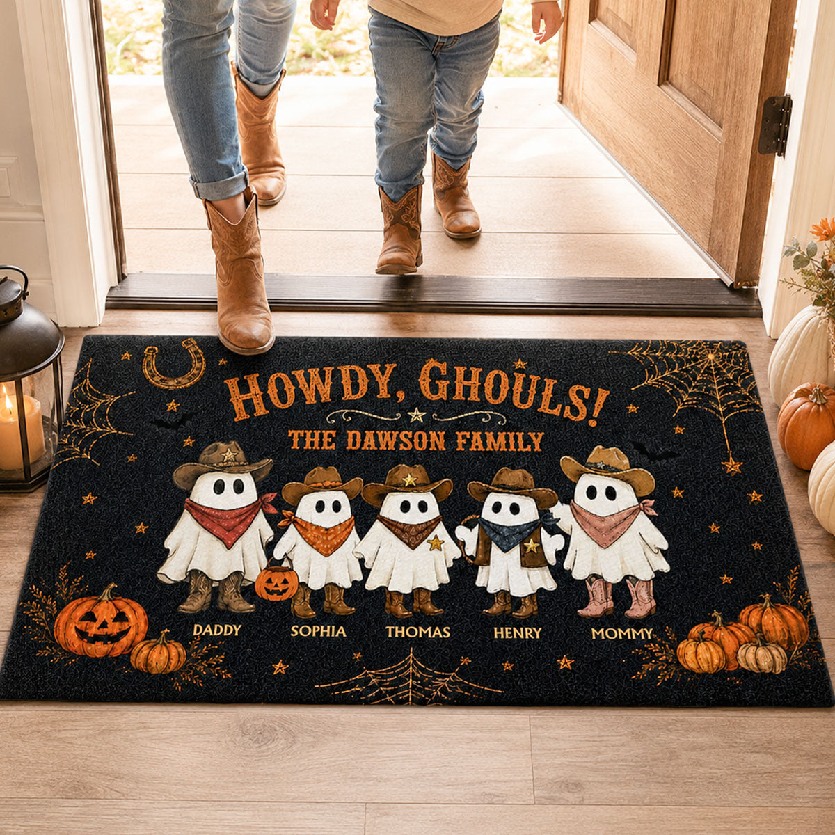 Boo Y'all Cowboy Ghost Family - Personalized Doormat - Western Country Vibe Halloween Decor For Families