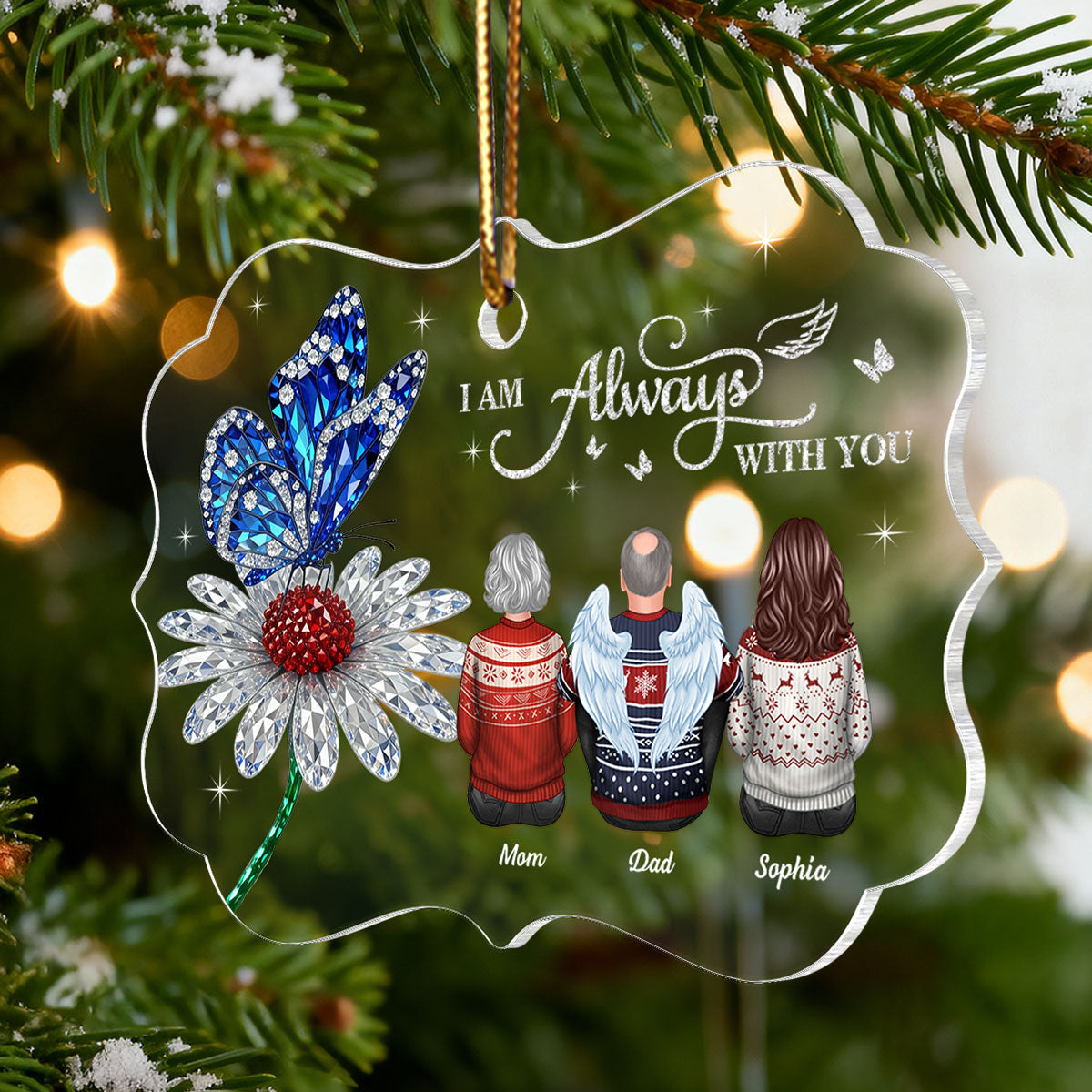 3D Crystal Effect Daisy Butterfly Always With You Family Memorial - Personalized Acrylic Ornament - Remembrance Gift, Sympathy Gift