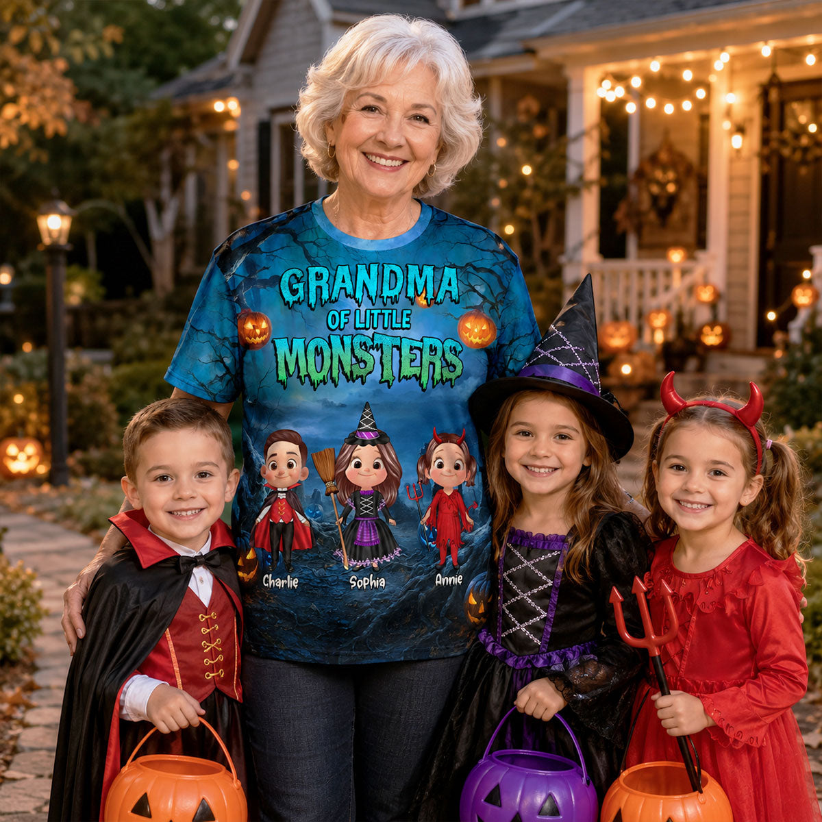 Halloween Night Grandma Grandkids Little Monsters - Personalized Shirt - Halloween Gift For Grandma
