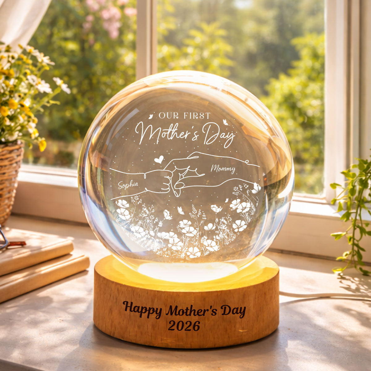 First Mother's Day Photo - Personalized Crystal Ball LED Light Night - Mother's Day Gift for Mom, Wife