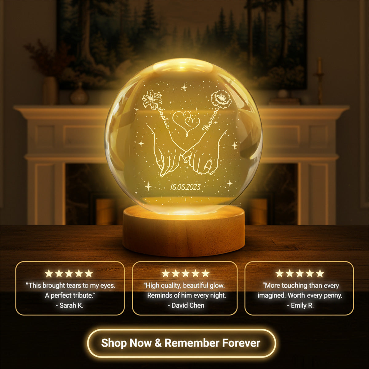 Eternal Love Couple Holding Hands Custom Birth Month Flowers - Personalized Crystal Ball LED Night Light - Valentine's Day Gift For Couple