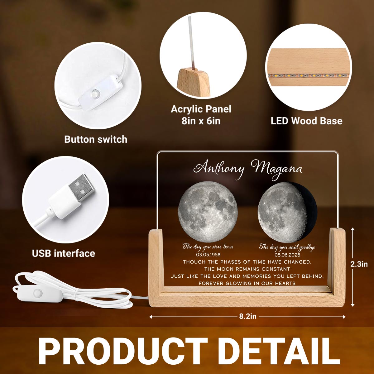 Lost Loved One Moon Phase Art Memorial - Personalized Acrylic LED Night Light - Memorial Gift, Sympathy Gift