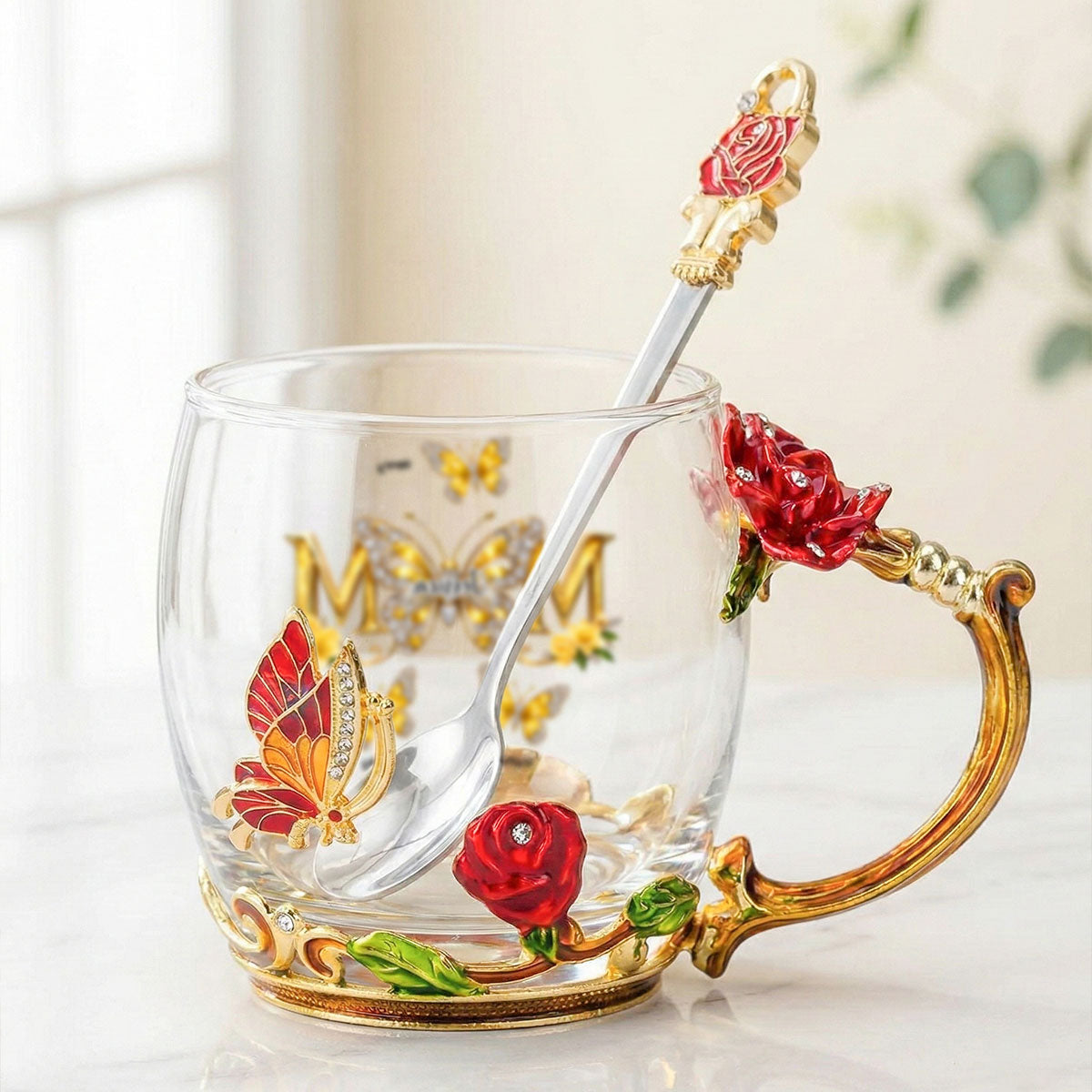 Mom And Children Butterflies - Personalized Enamel Flower Tea Cup - Gift For Mom