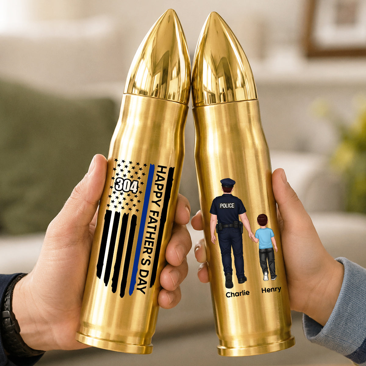 Proud American Police Dad You Are Our Hero Thin Blue Line - Personalized Bullet Tumbler - Father's Day Gift For Dad