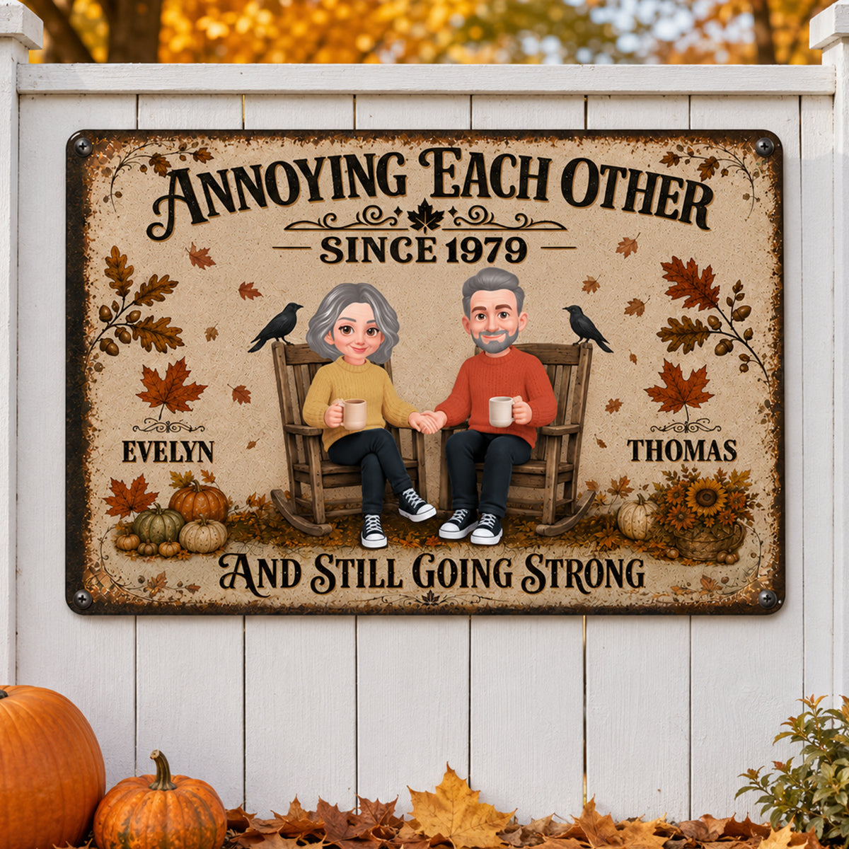Retro Couple Annoying Each Other - Personalized Metal Sign - Fall Decor, Anniversary Gift for Her, Gift for Him