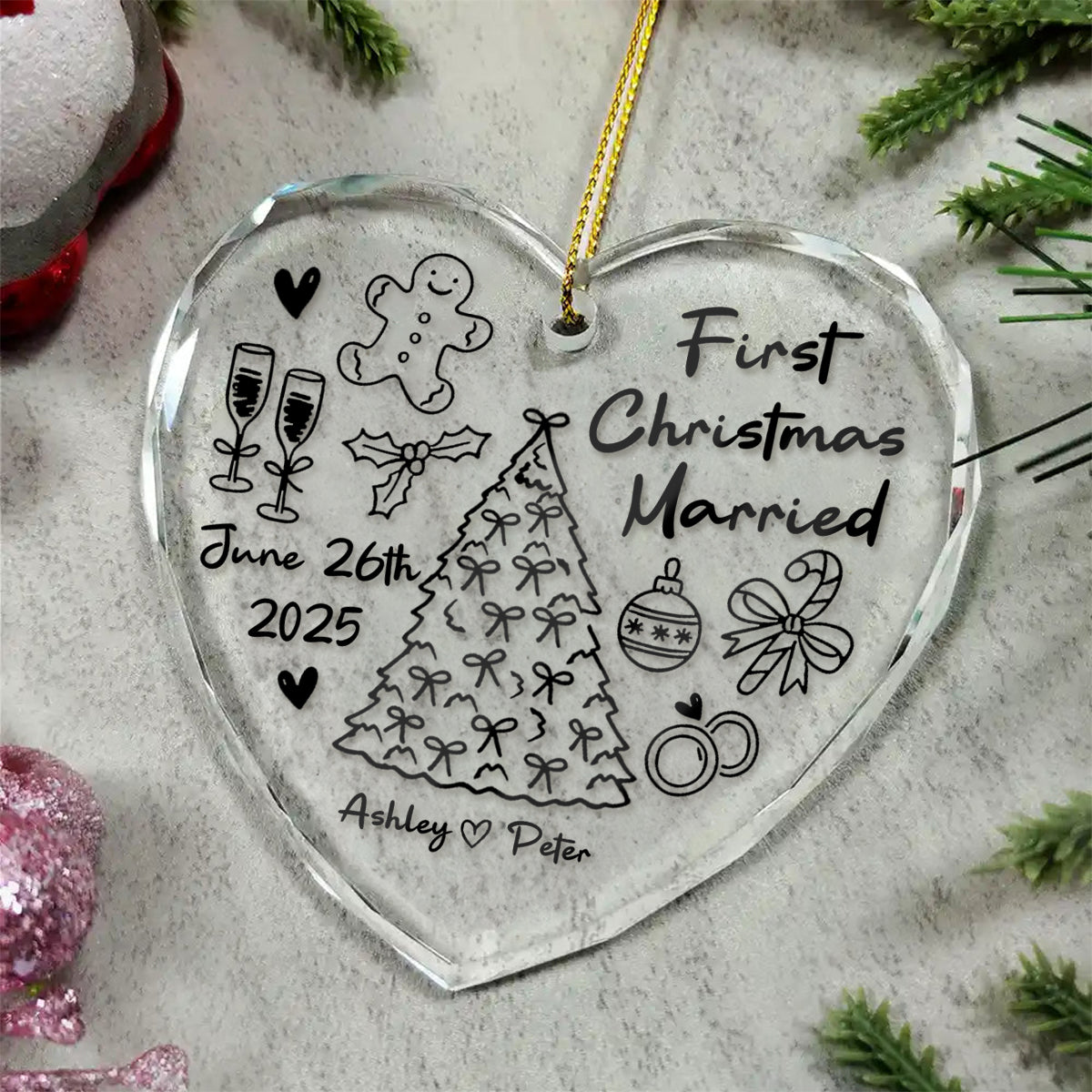 First Christmas Married Doodle - Personalized Glass Ornament - Christmas Gift For Him, For Her, For Couple
