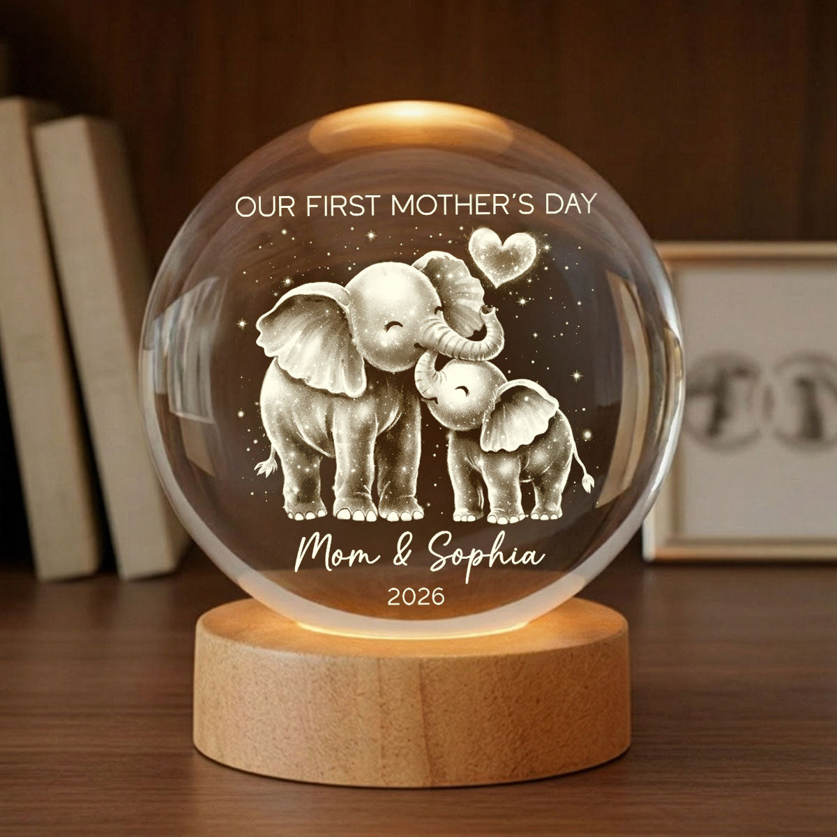Elephant Mom And Baby Our First Mother's Day - Personalized Crystal Ball LED Night Light - First Mother's Day Gift For New Mom
