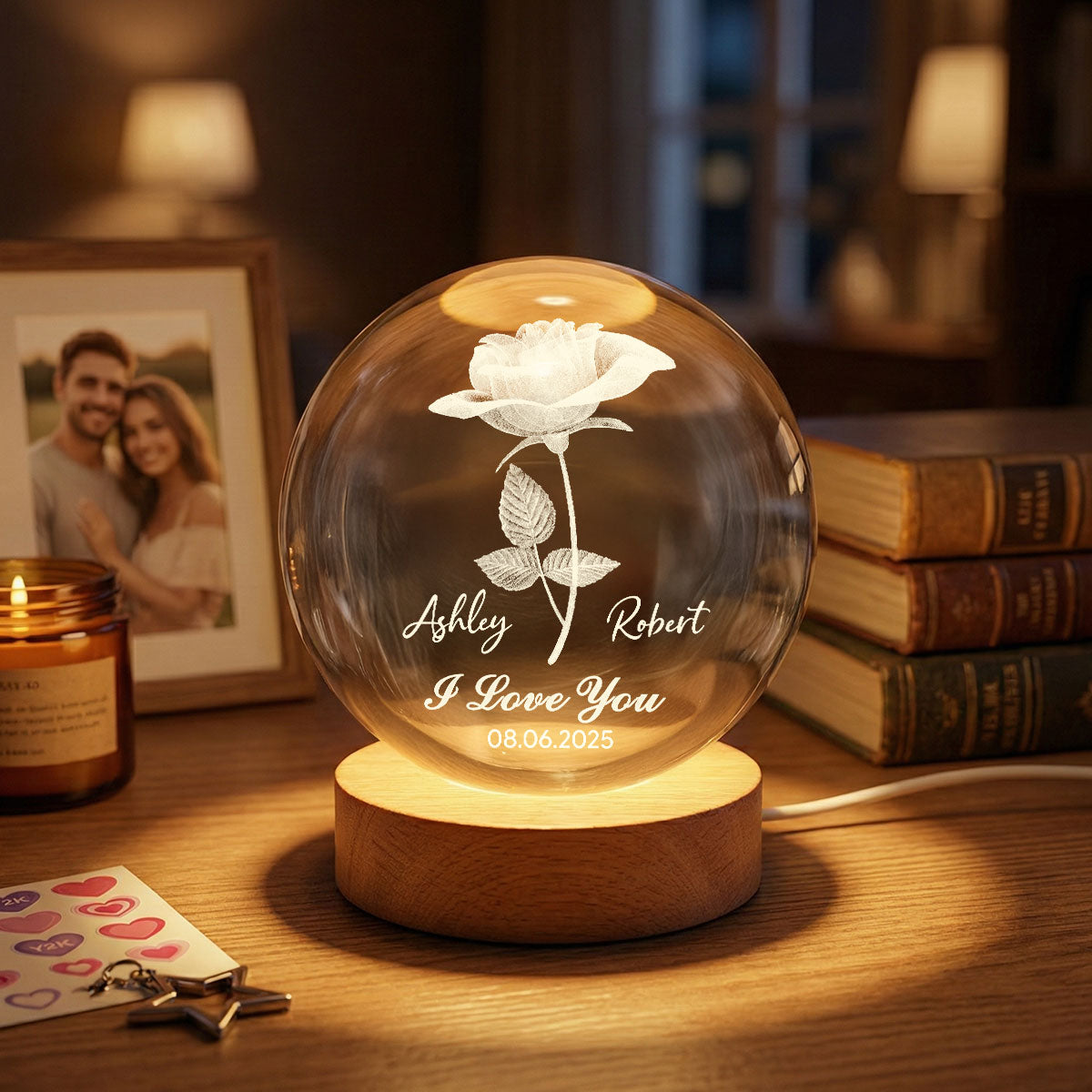 Eternal Love Rose I Love You - Personalized Crystal Ball LED Night Light - Valentine's Day Gift For Couple, For Her, For Him