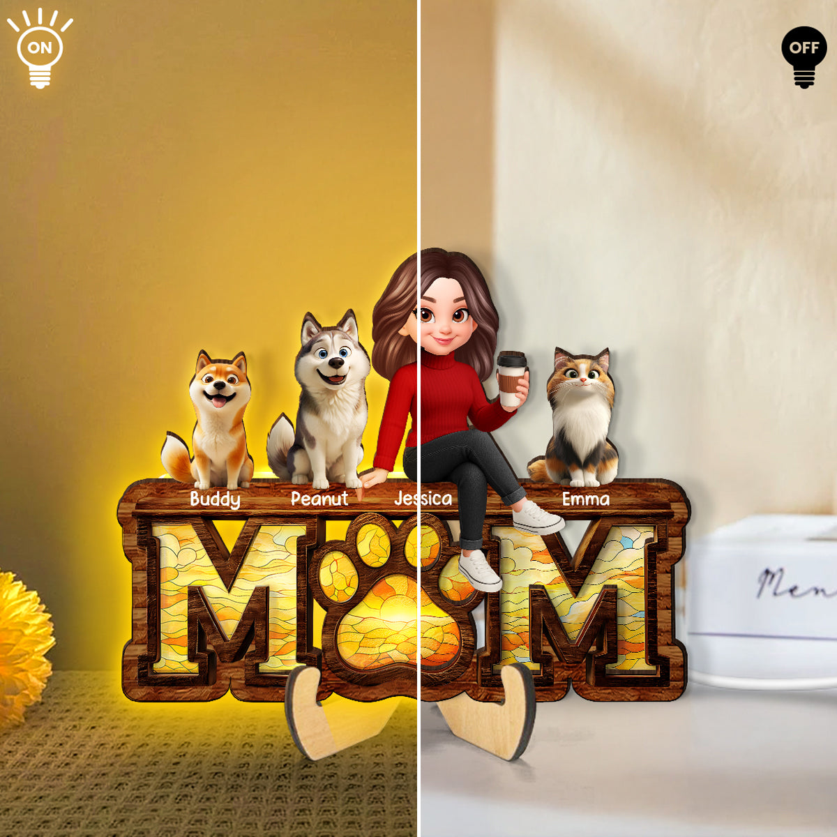 Mom And Dog Cat Paw Sign - Personalized Wooden Frame With LED - Heartfelt Gift For Dog Mom, Cat Mom