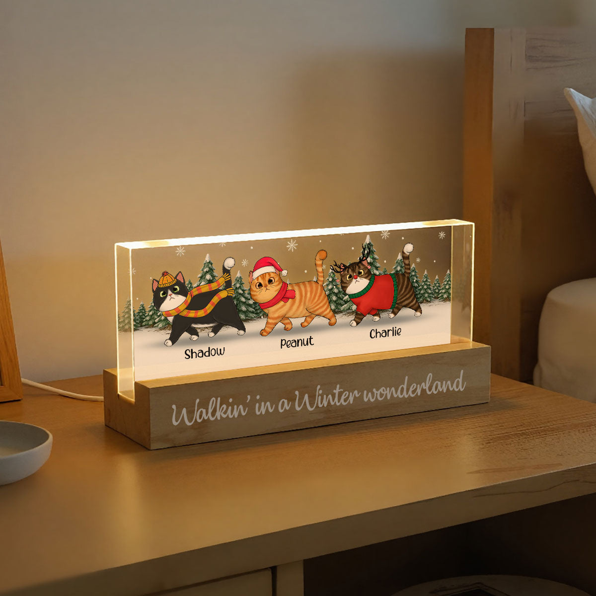 Christmas Cats Walking In A Winter Wonderland - Personalized Acrylic Block Plaque LED Night Light