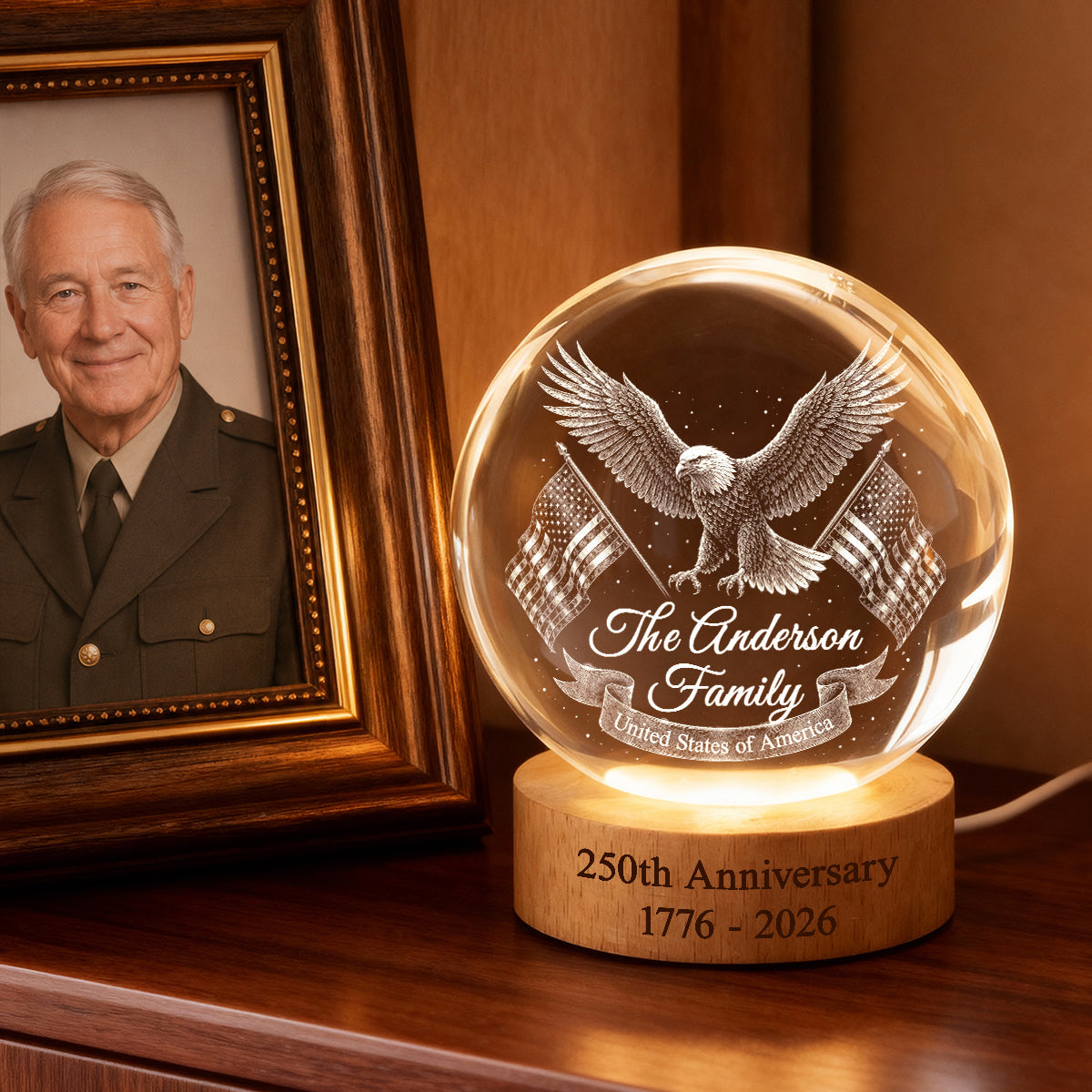 United States of America 250th Anniversary - Personalized Crystal Ball LED Night Light - Custom Family Name