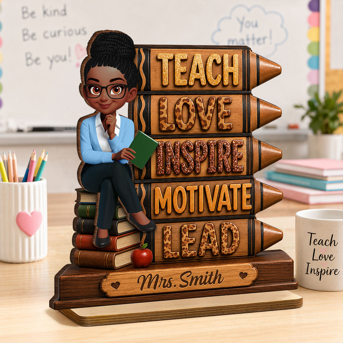 Teach Love Inspire Motivate Lead - Personalized 2-Layered Wooden Plaque - Back to School Gift for Teachers