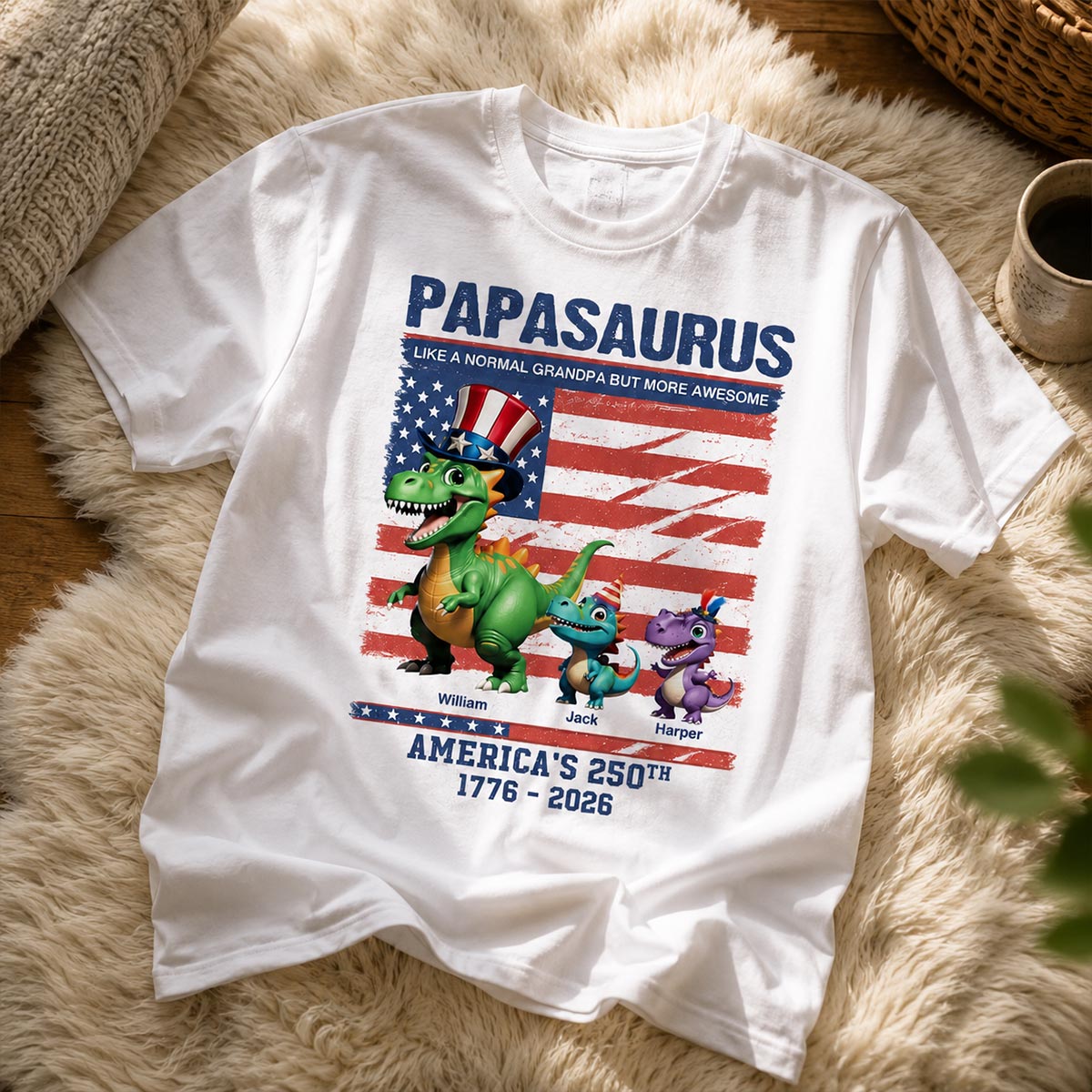 Grandpasaurus And Kids 3D Effect Dinosaurs - Personalized Shirt - American's 250th Anniversary Keepsake 4th Of July Independence Day Celebration