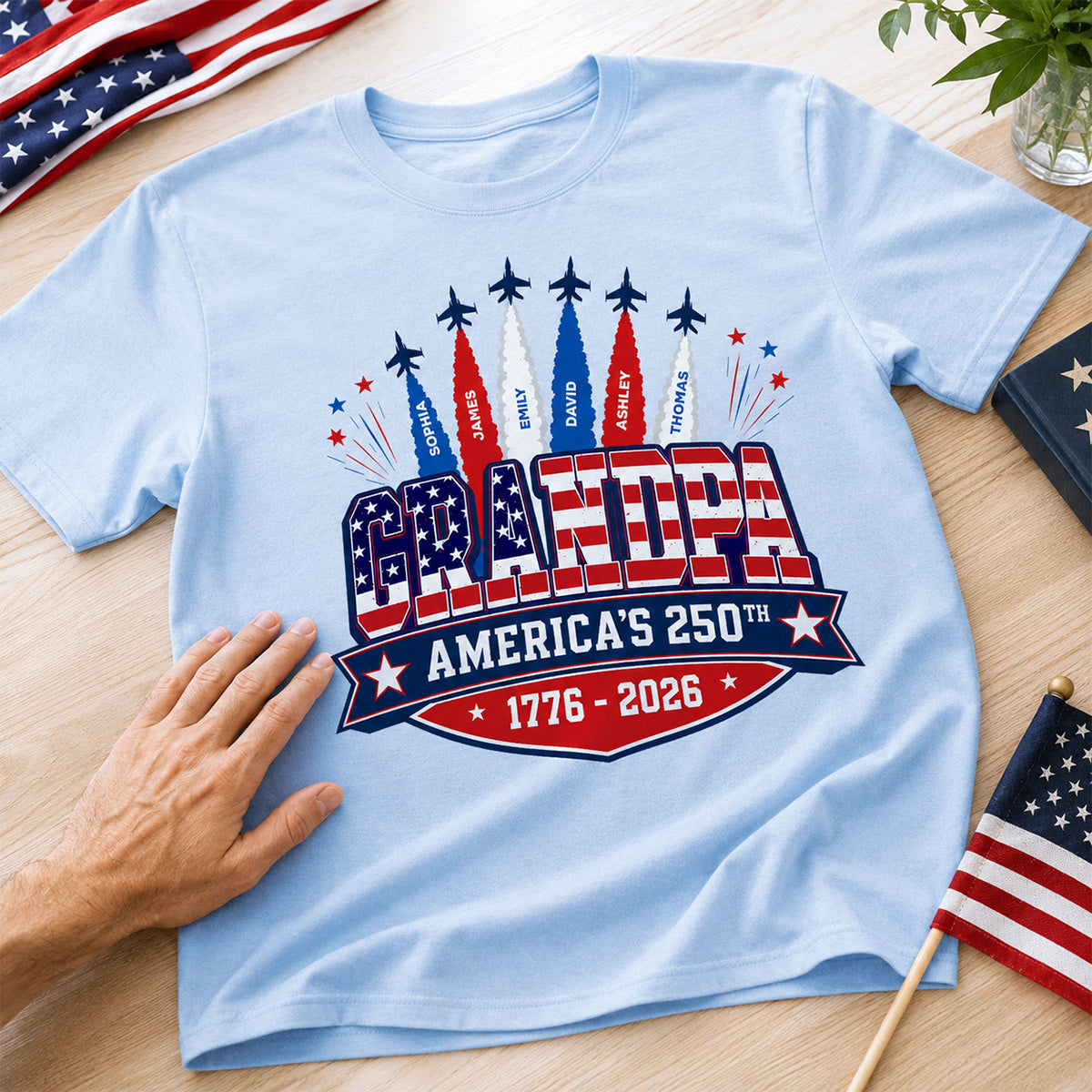 Proud Grandpa Dad Jets Smoke Custom Kid Name - Personalized Shirt - American 250th Anniversary Keepsake For Husband, Dad, Grandpa