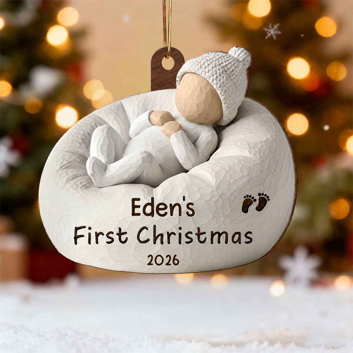 3D Effect Baby's First Christmas Baby On Beanbag Chair - Personalized Wooden Ornament
