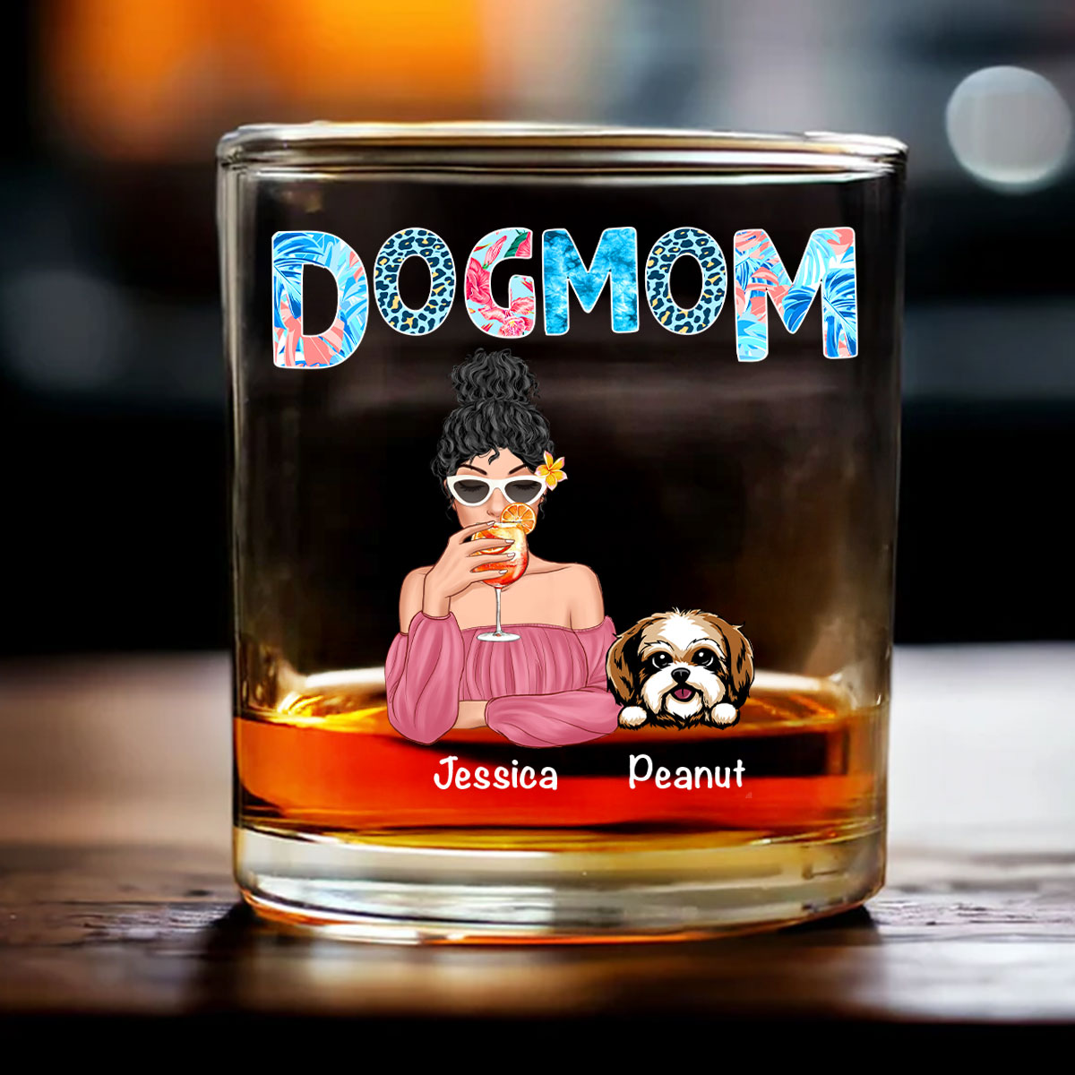 Dog Mom Summer Patterned Personalized Wine Glass, Gift for Dog Moms
