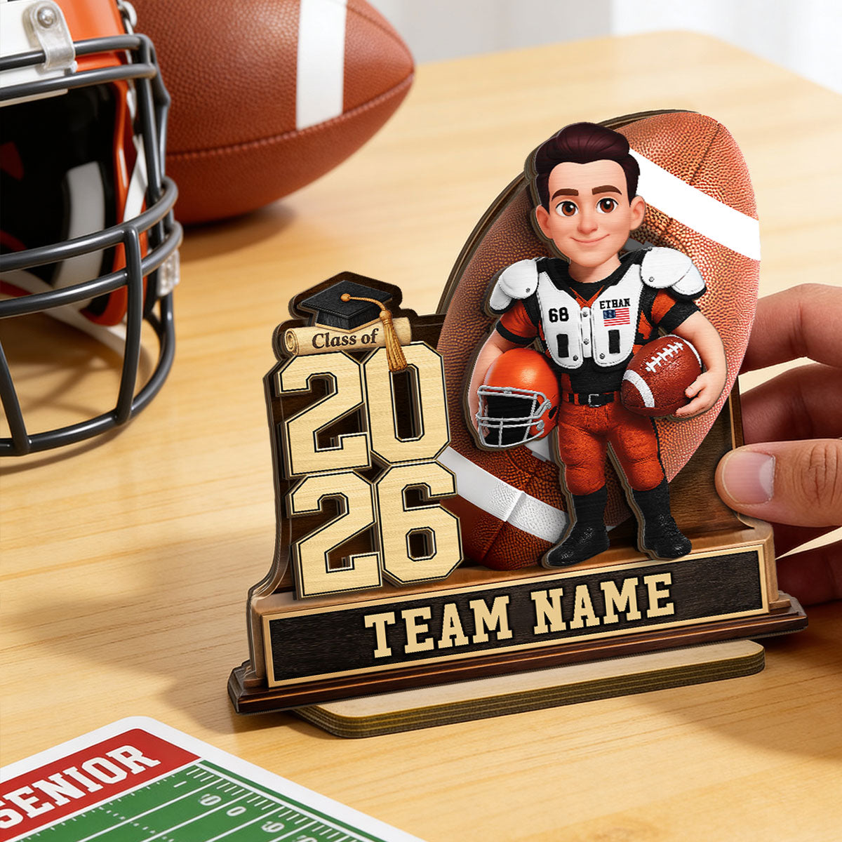 American Football Senior Keepsake 2D Flat - Personalized 2-Layered Wooden Plaque - Graduation Gift For Son, Daughter