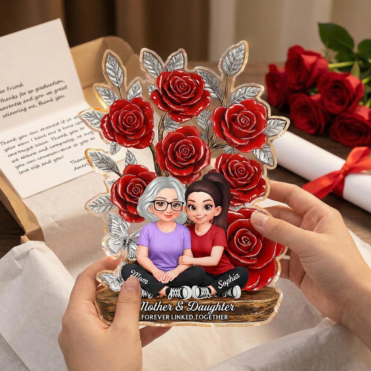 Mom And Daughter Forever Love Rose Tree - Personalized Acrylic Block Plaque - Gift For Mom