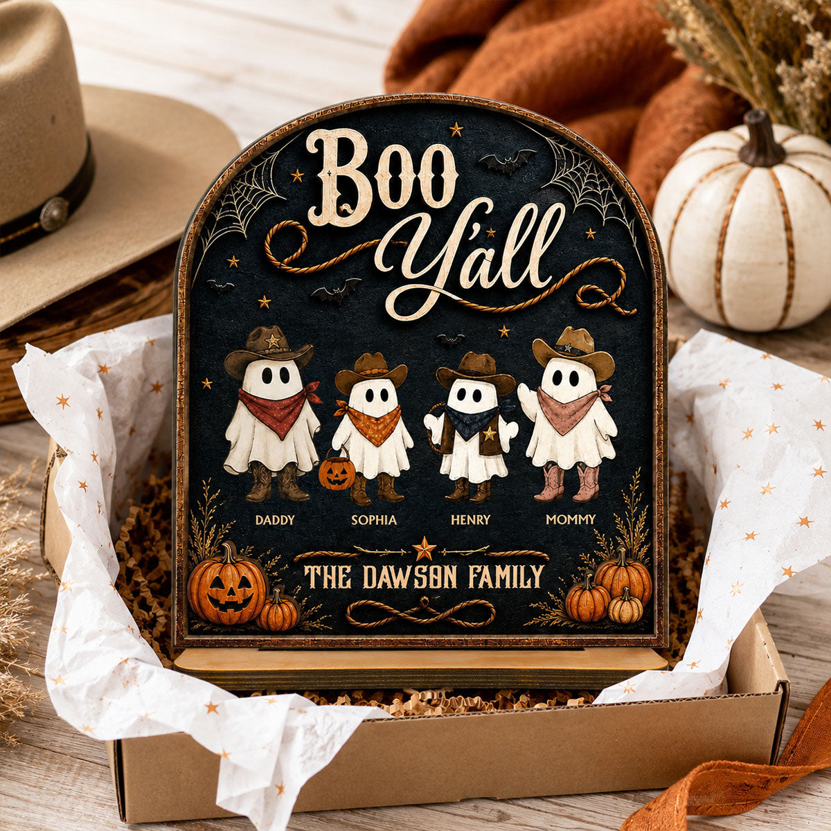 Boo Y'all Cowboy Ghost Family 2D Flat - Personalized 2-Layered Wooden Plaque - Western Country Vibe Halloween Decor