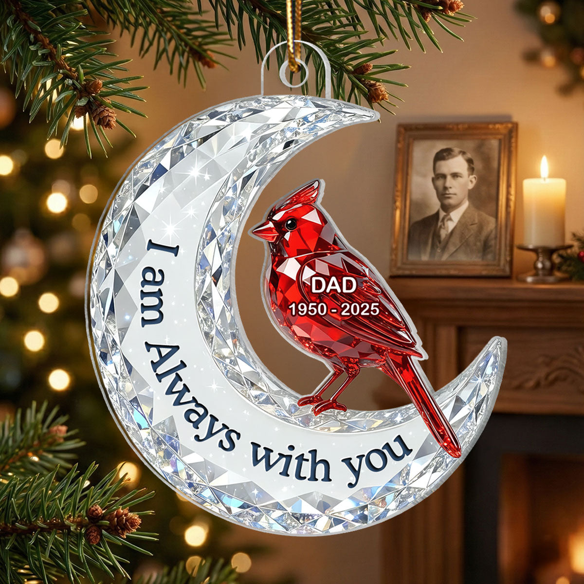 3D Effect Flat Christmas Cardinal On Moon Memorial - Personalized Acrylic Ornament - Remembrance Gift, Sympathy Gift