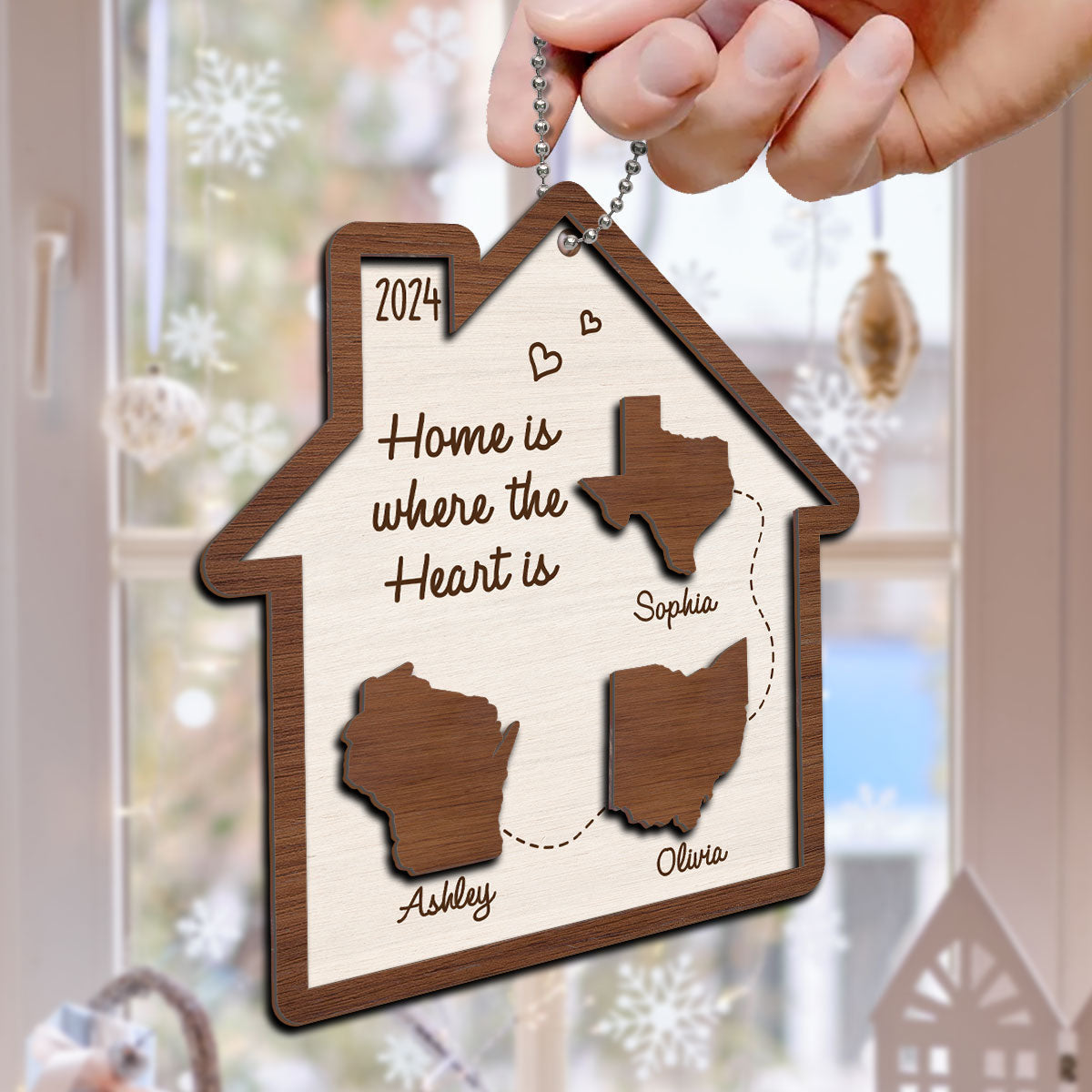 Long Distance Family State Maps Personalized 2-Layer Wooden Ornament, Togetherness Ornament