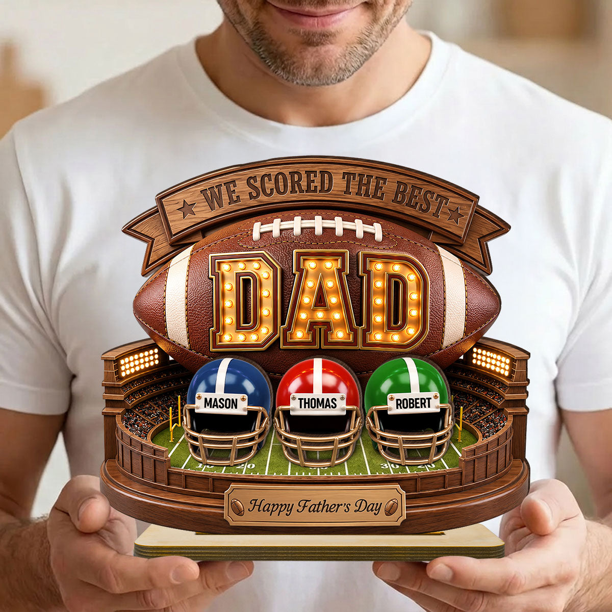 American Football Best Dad - Personalized 2-Layered Wooden Plaque -  Gift For Dad, Husband