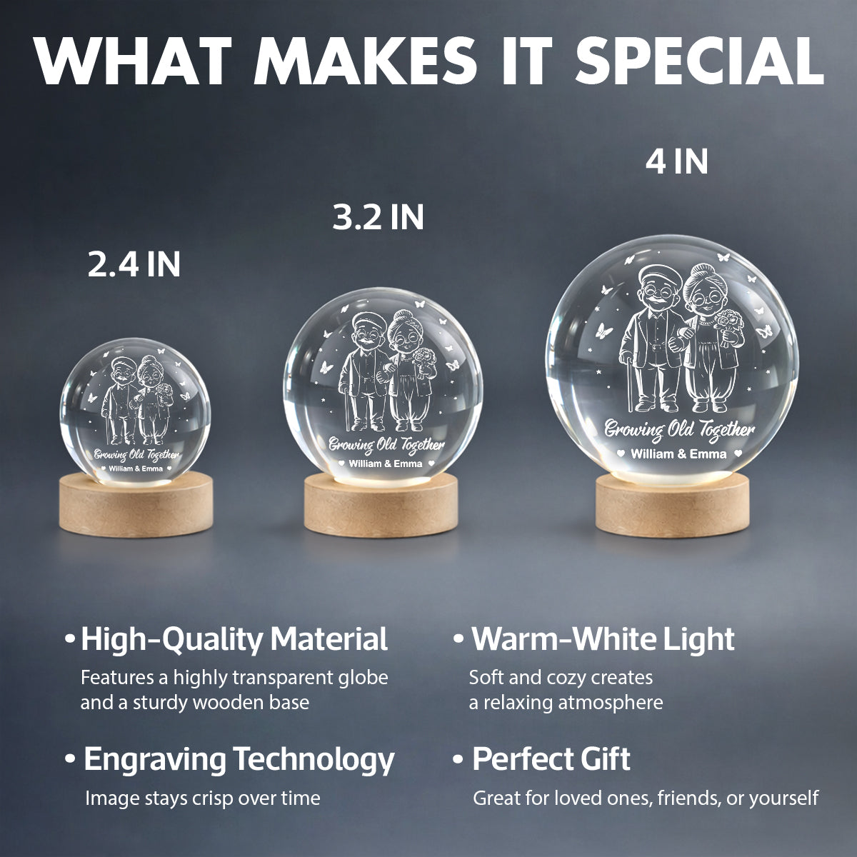 Couple Growing Old Together - Personalized Crystal Ball LED Night Light - Heartfelt Valentine's Day Gift for Her, for Him