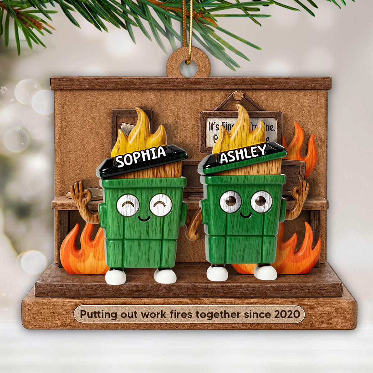 3D Effect Dumpster Fires In Office Scene - Personalized Wooden Ornament - Funny Gift For Colleagues, Work Besties