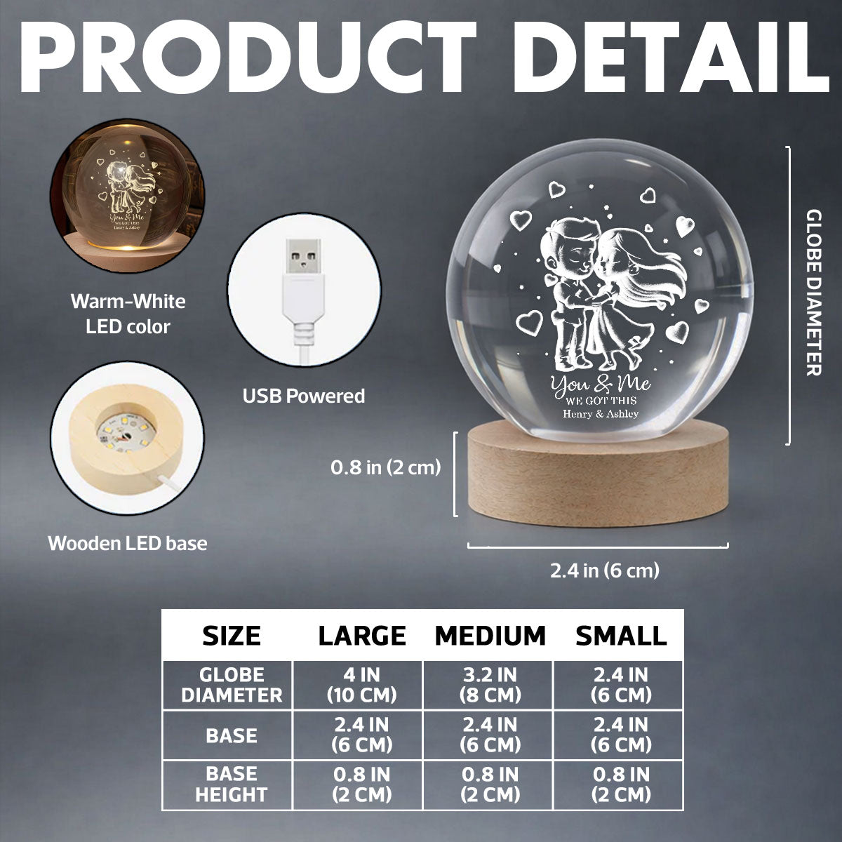 Loving Chibi Couple - Personalized Crystal Ball LED Night Light - Sentimental Valentine's Day Gift for Her, for Him