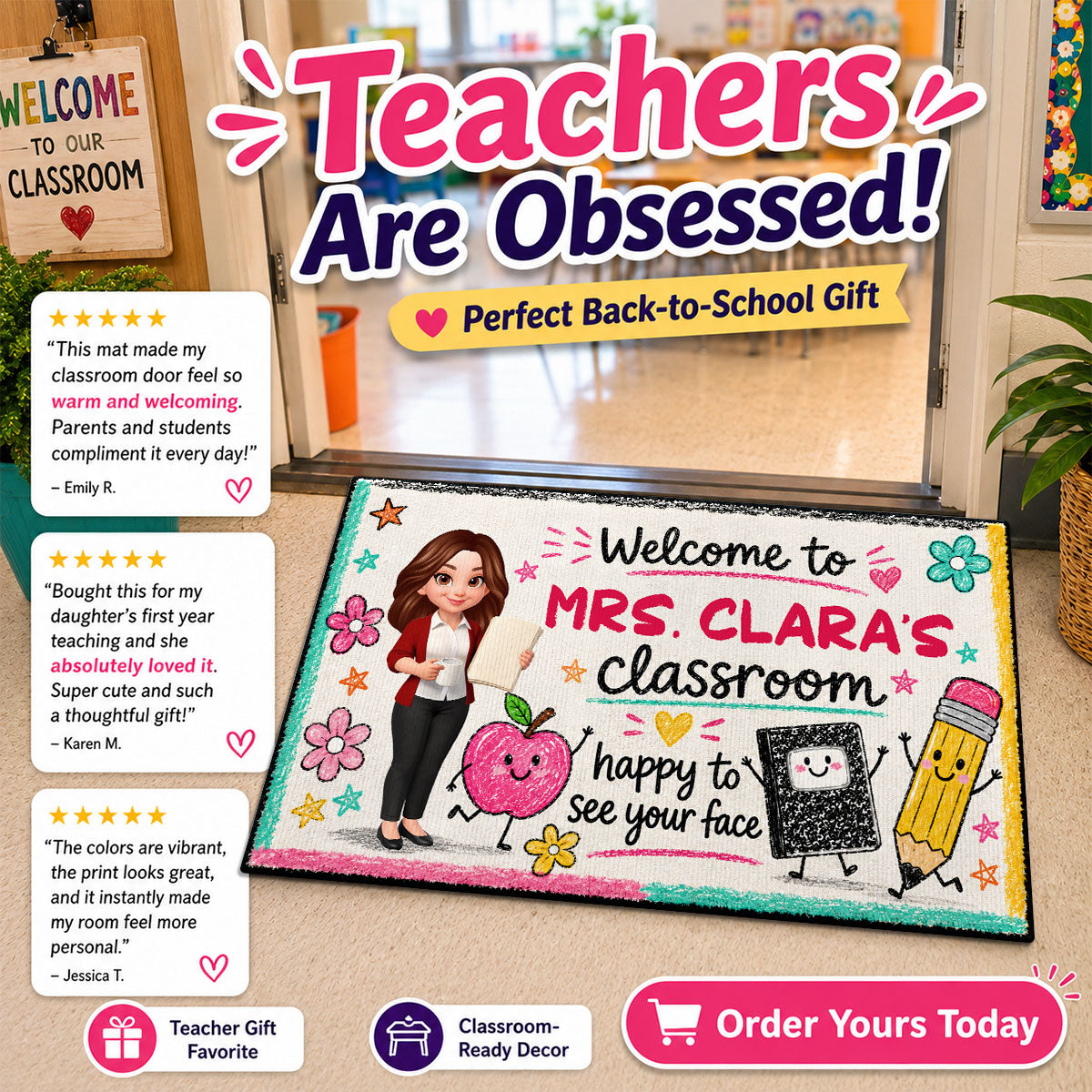 Happy to See Your Face Teacher's Classroom - Personalized Doormat - Back to School Decor for Teachers