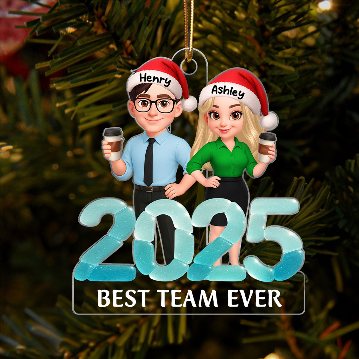 2025 Best Team Ever Sea Glass 3D Effect - Personalized Acrylic Ornament - Christmas Gift for Coworkers, Colleagues