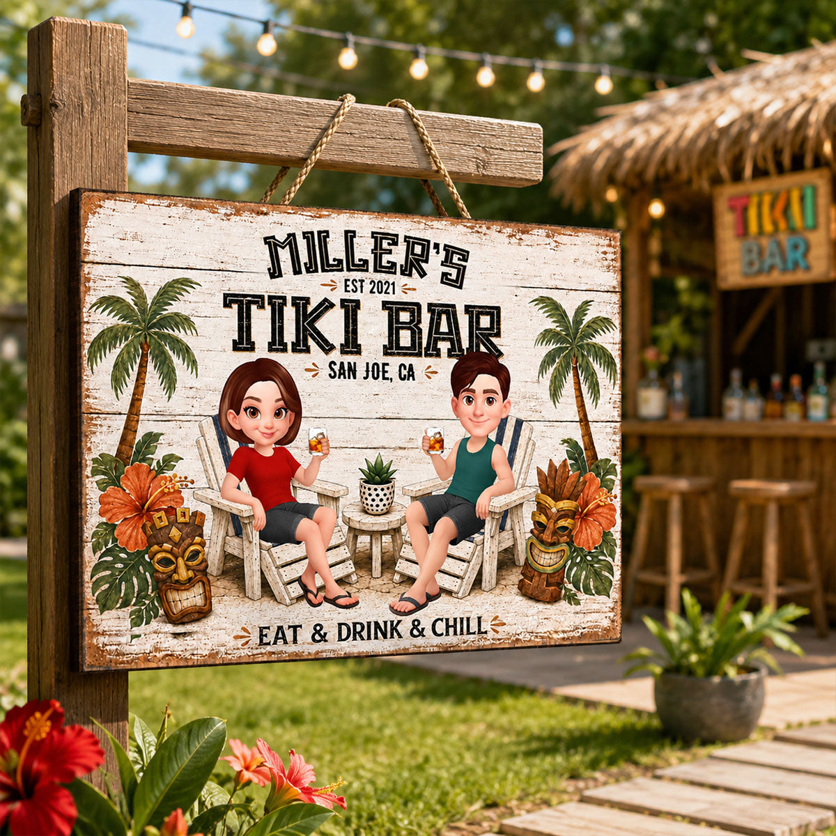 Custom Couple Tiki Bar - Personalized Wooden Sign - Outdoor Home Bar Decor, Eat Drink & Chill Sign, New Home Gift