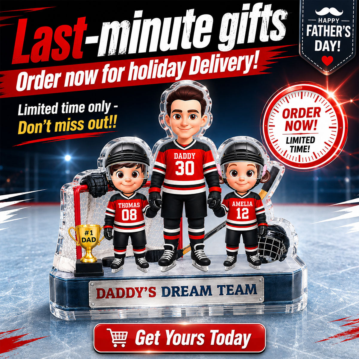 Daddy's Dream Team Hockey Dad & Kids - Personalized Acrylic Block Plaque -  Gift For Dad, Husband