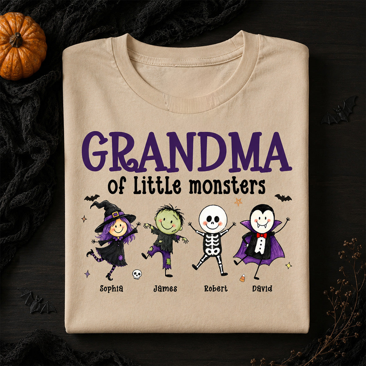 Grandma Mom Of Little Monsters Cute Doodle Characters - Personalized Shirt - Halloween Costume For Mom Grandma