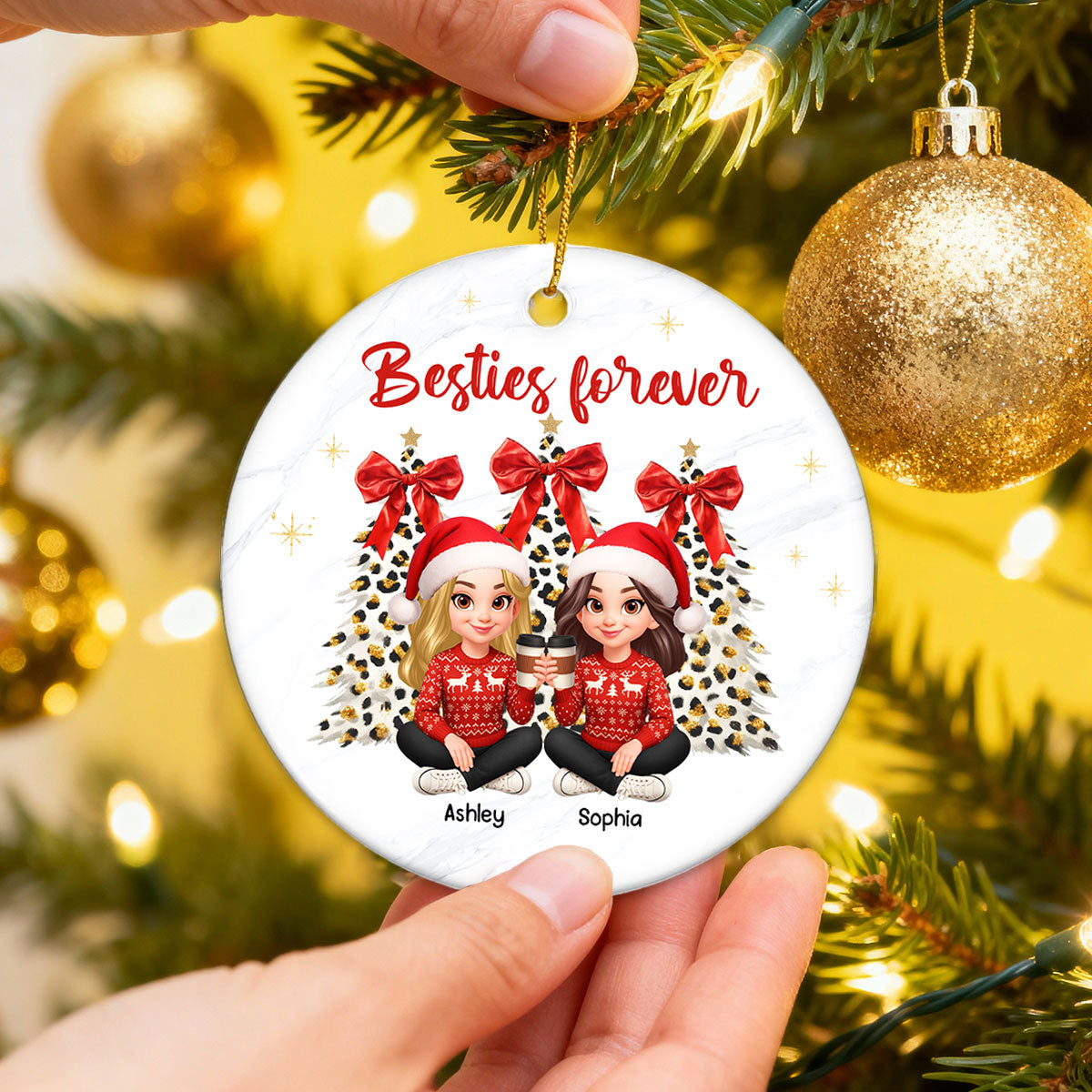 Besties Forever Leopard Coquette Christmas Tree - Personalized Ceramic Ornament