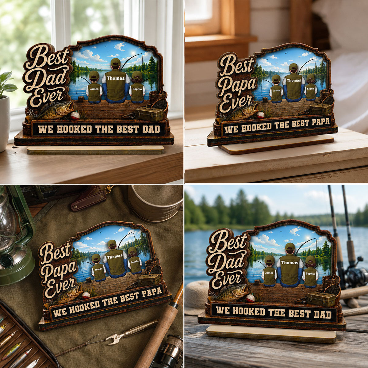 We Hooked The Best Dad Papa Fishing Man & Kids Back View 2D Flat - Personalized 2-Layered Wooden Plaque -  Gift For Hunting Dad, Grandpa