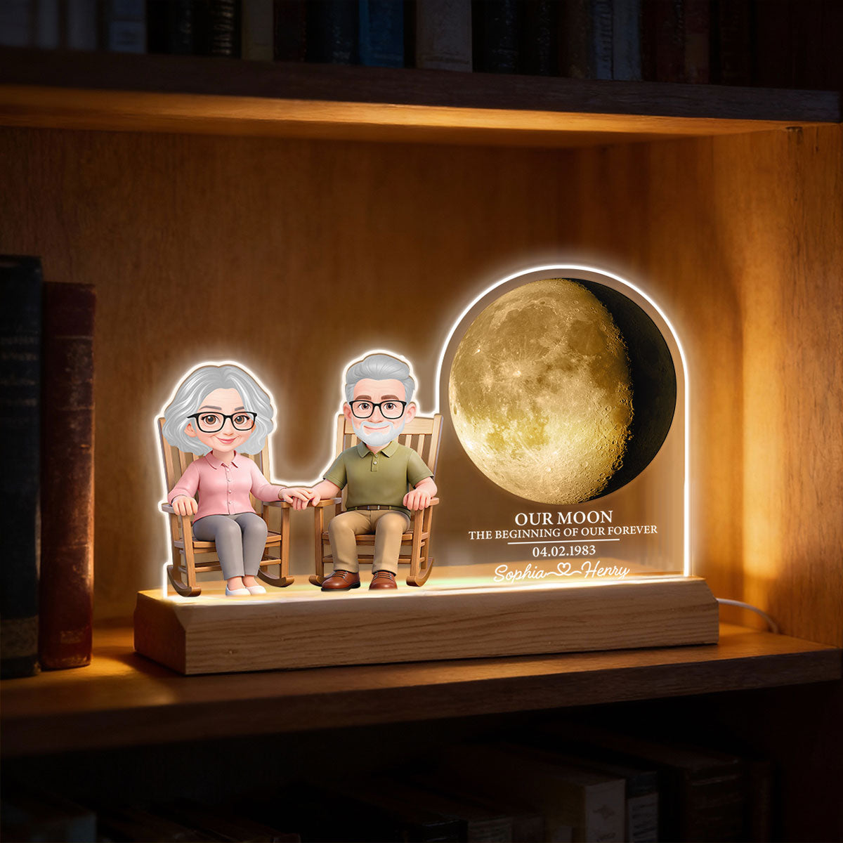 Old Couple Sitting On Rocking Chair Custom Moon Phase - Personalized Acrylic Plaque LED Night Light