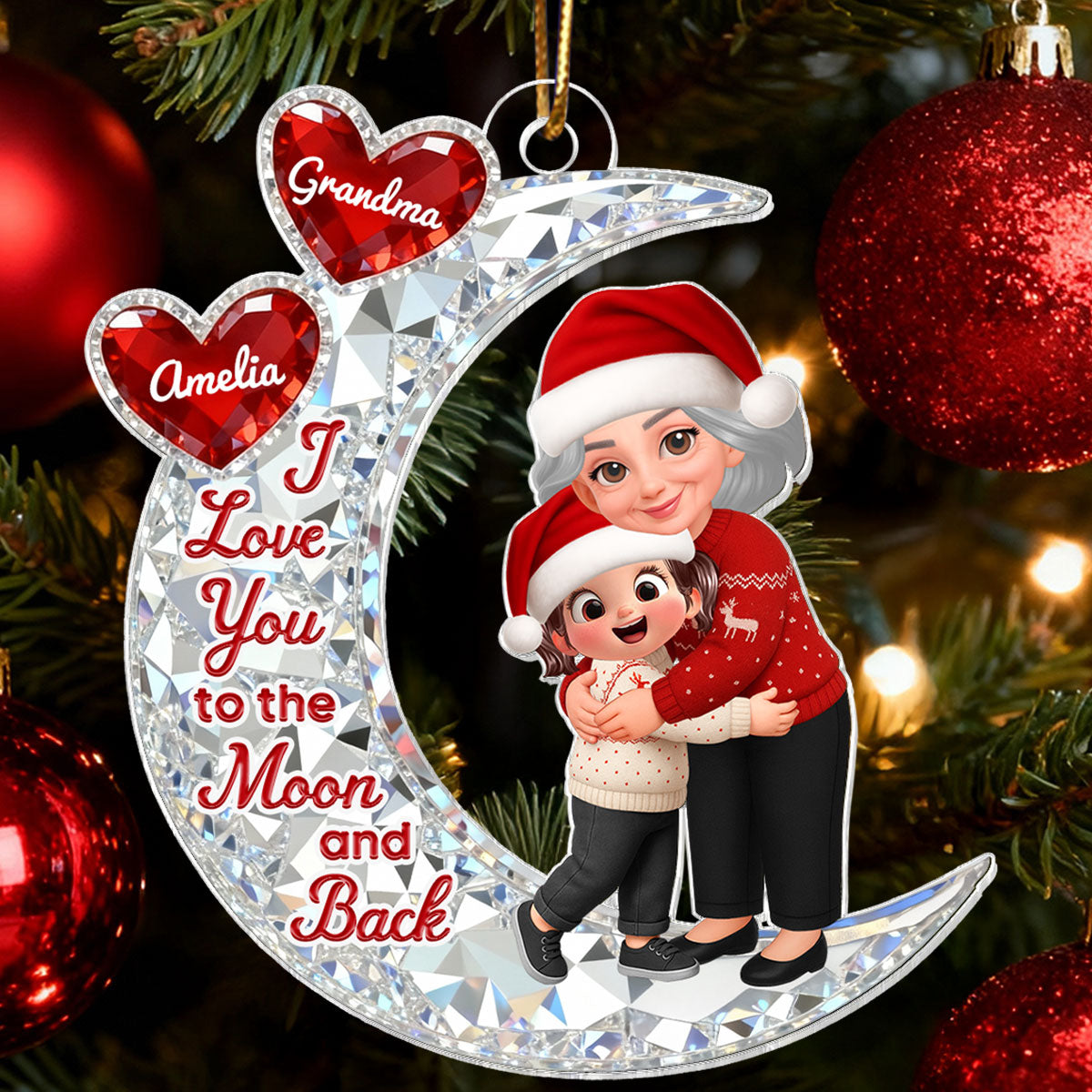 3D Effect Flat Grandma Hugging Grandkid On Moon - Personalized Acrylic Ornament - Gift For Grandma, Grandkids