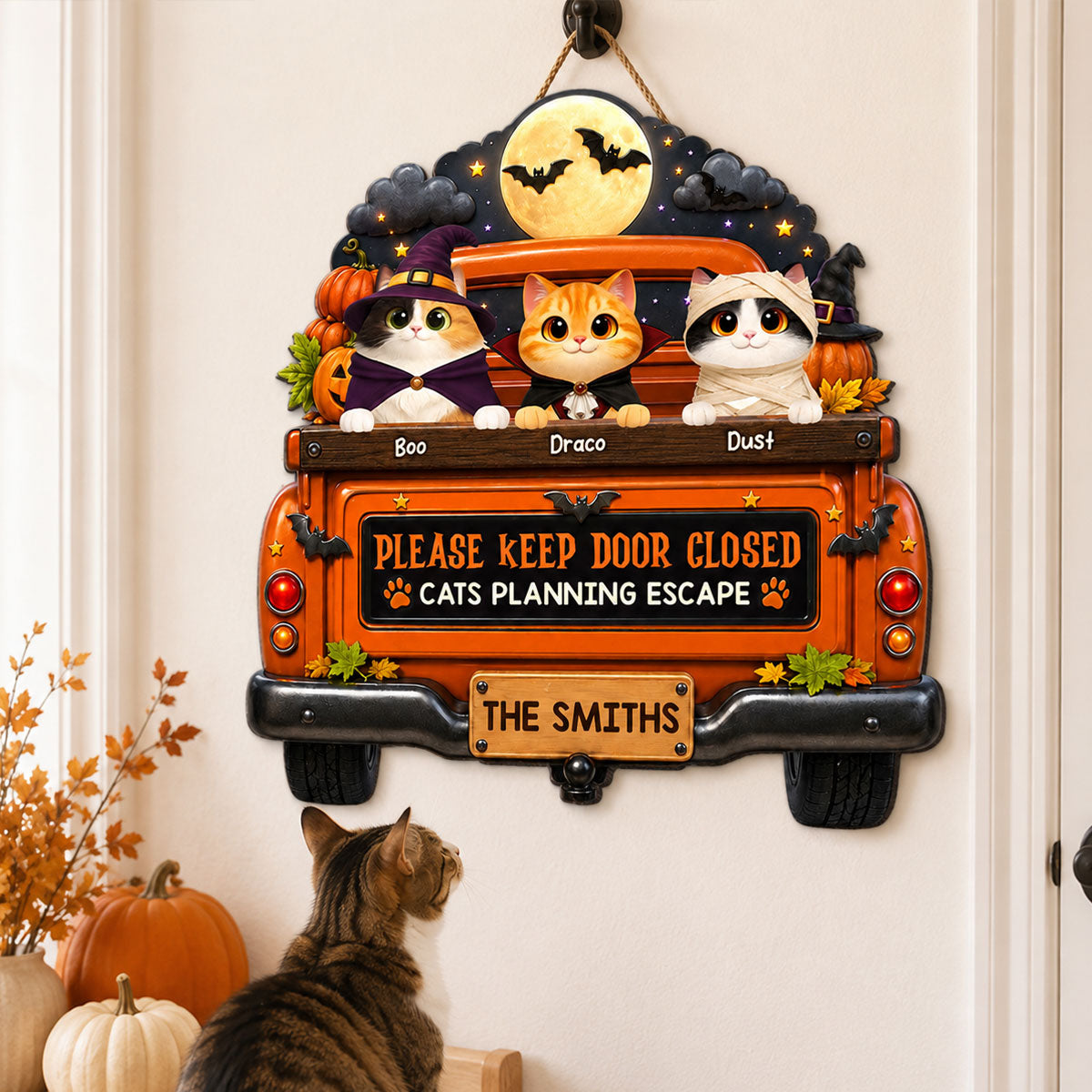 Cute Cat Keep Door Closed - Personalized Wood Sign - Halloween Gift For Cat Lovers, Halloween Decor