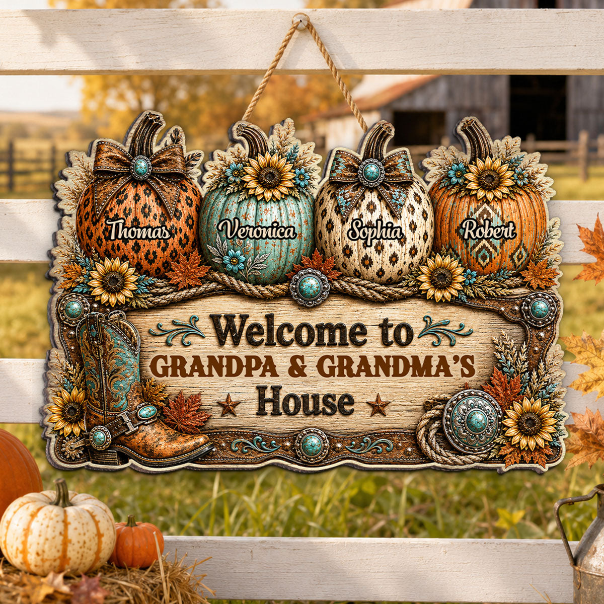 Western Fall Season Vibe Little Pumpkins Welcome To Grandma Grandpa House - Personalized Wood Sign - Fall Decoration For Grandparents