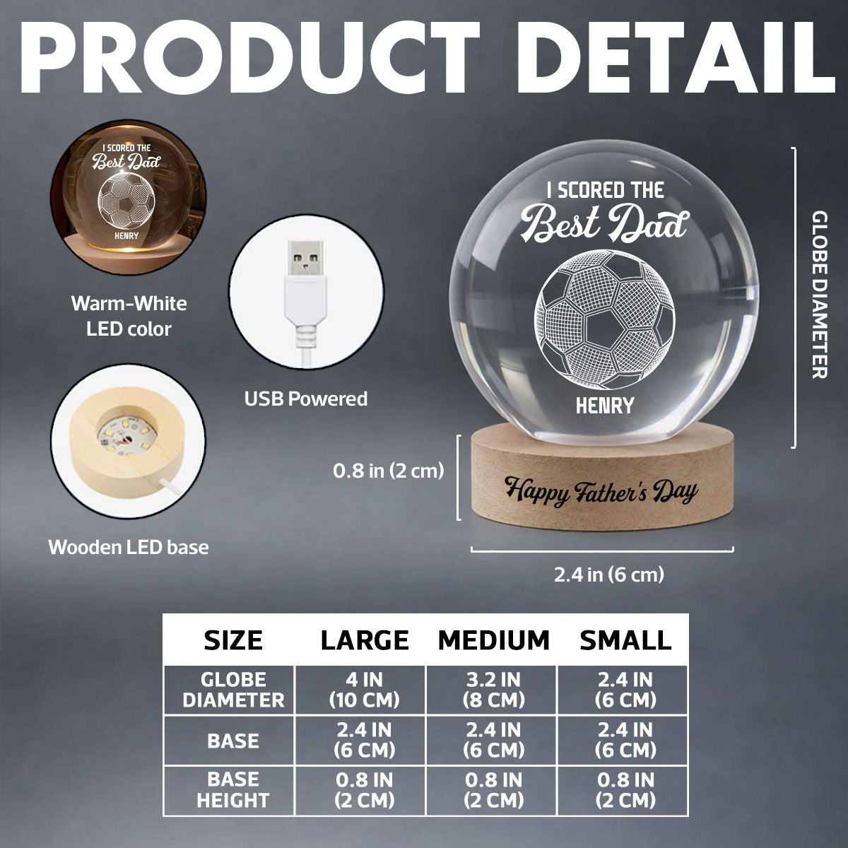 Soccer We Scored The Best Dad Illusion - Personalized Crystal Ball LED Night Light -  Gift For Dad
