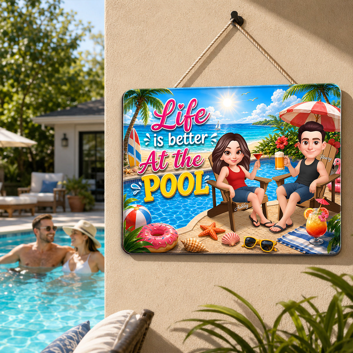 Life is Better at the Pool Summer Couple - Personalized Wood Sign - Summer Decor, Summer Housewarming Gift