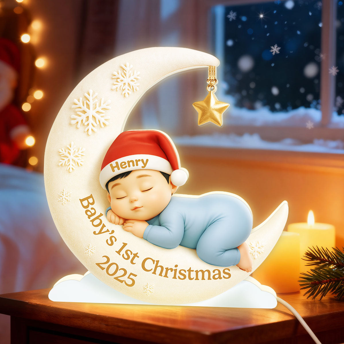Baby Sleeping on Moon Nursery Lamp - Personalized Light Box - Baby's First Christmas Keepsake, Gift for Grandkids, Baby, Newborn