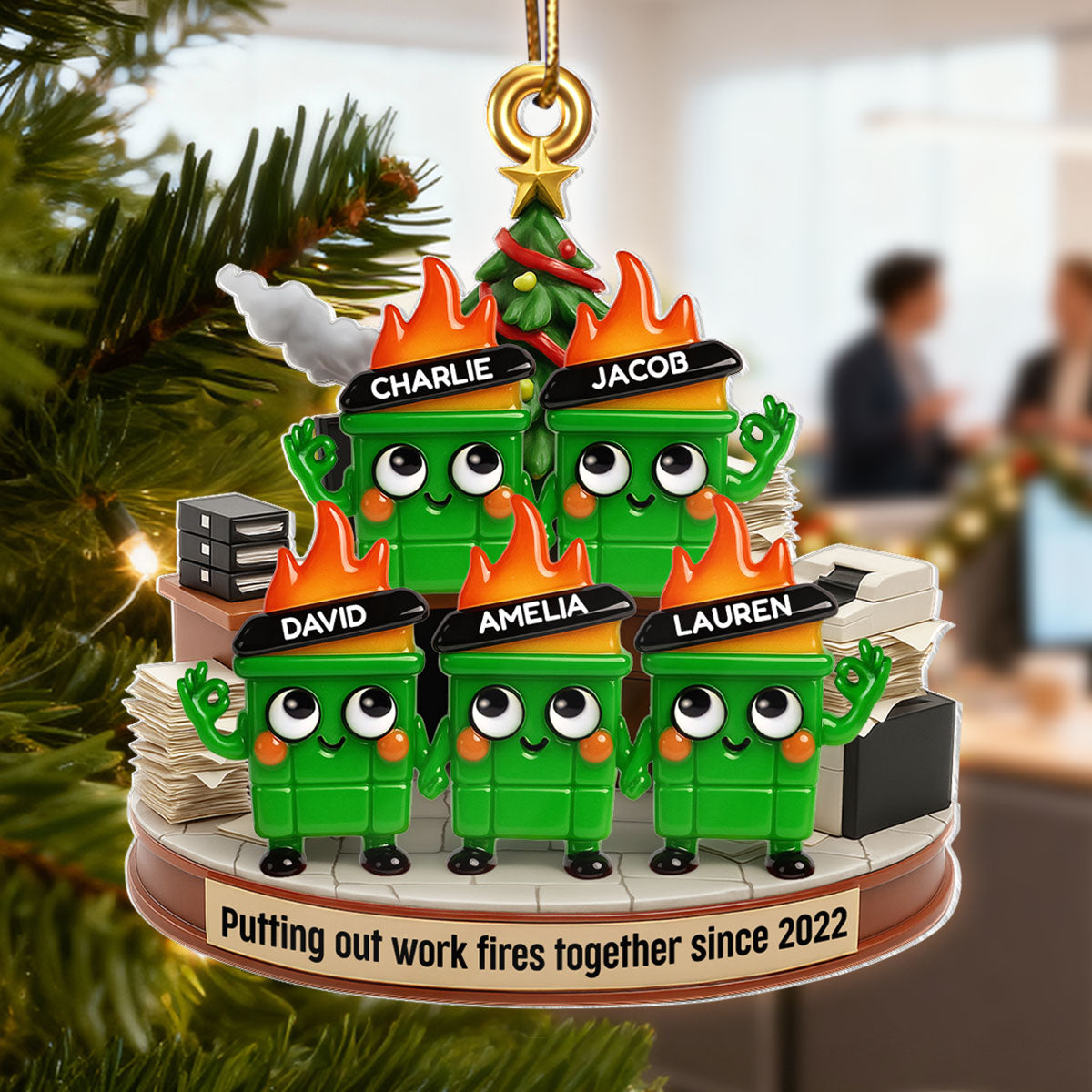 Funny Dumpster Fire Office Chaos Background - Personalized Acrylic Ornament - Funny Coworker Christmas Gift, White Elephant Gift for Coworkers