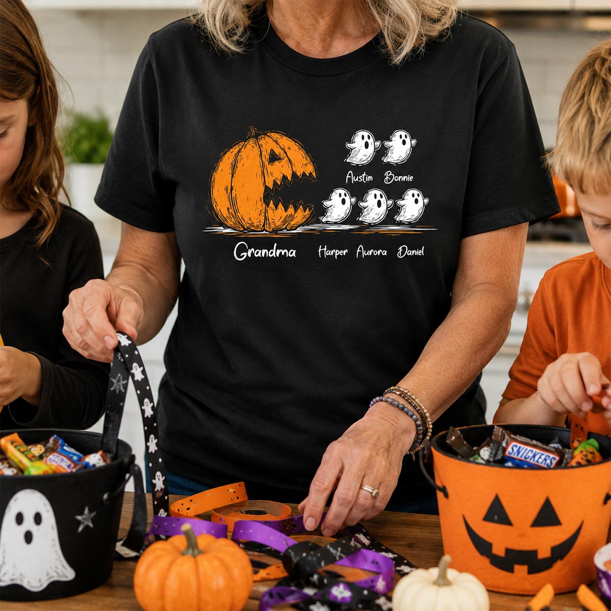 Grandma Pumpkin Chasing Kids Ghosts - Personalized Shirt - Halloween Shirt