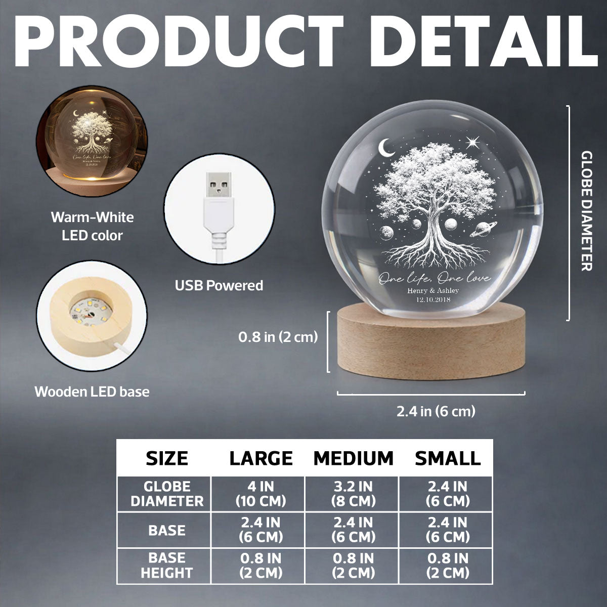 One Life One Love Couple Tree of Life - Personalized Crystal Ball LED Night Light - Sentimental Gift for Her, for Him, Couple Keepsake