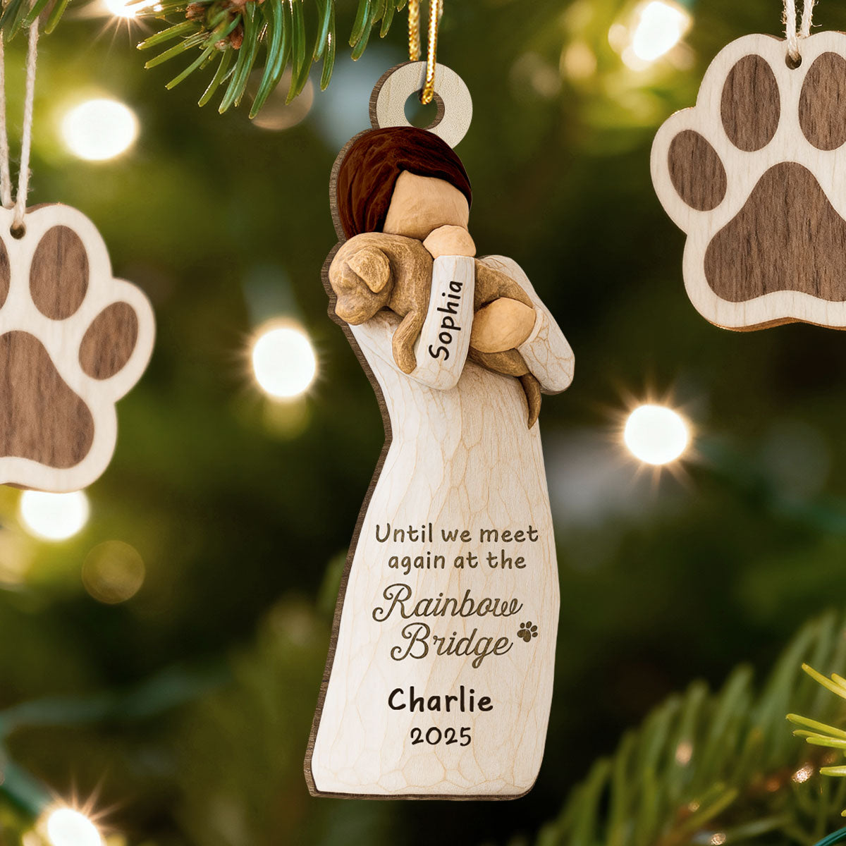 Until We Meet At Rainbow Bridge Woman & Dog 3D Effect - Personalized Wooden Ornament - Memorial Keepsake