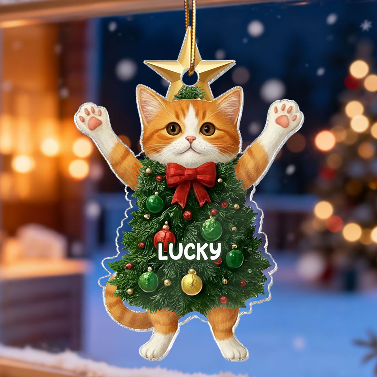 3D Effect Whimsical Christmas Cat - Personalized Acrylic Ornament - Gift For Cat Lover