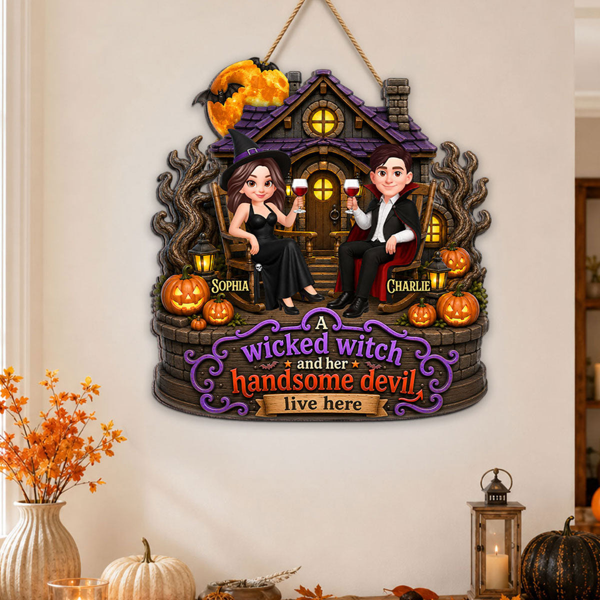 Halloween Haunted House Couple Wicked Witch Handsome Devil Live Here - Personalized Wood Sign - Halloween Decoration For Couple